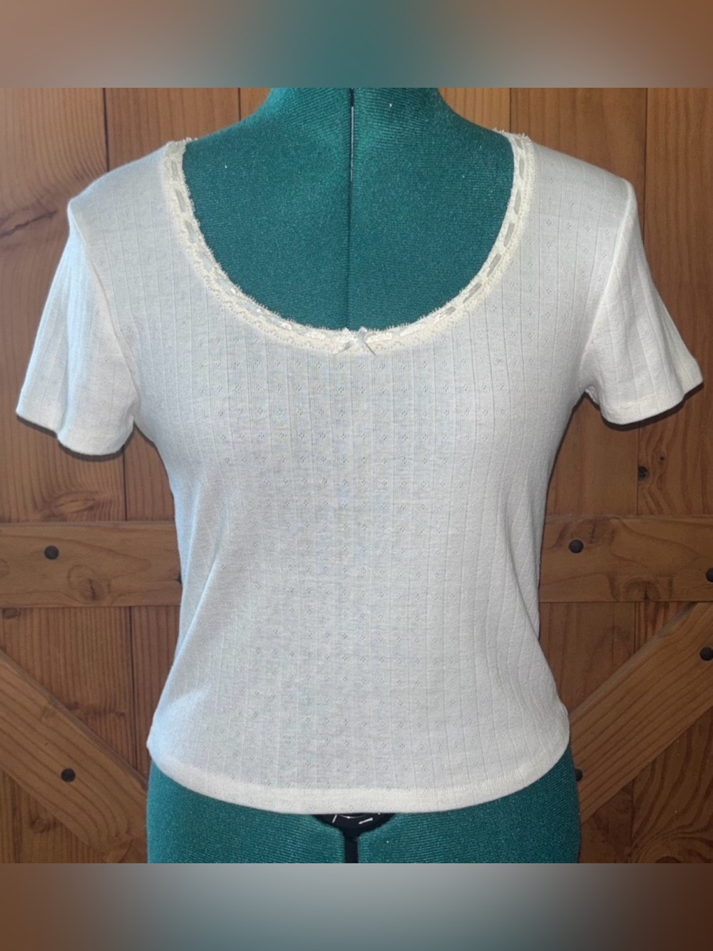 NWOT SO Cream Pointelle Lace Trim Baby Tee Coquette Top Small